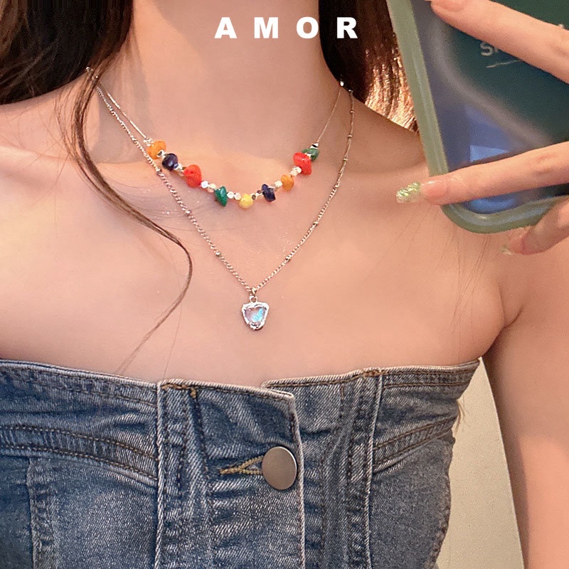 Gaya Korea, Manik-Manik Pelangi Berbentuk Hati Liontin set Kalung, Perempuan Baru Manis Keren double layer Rantai Tulang Selangka