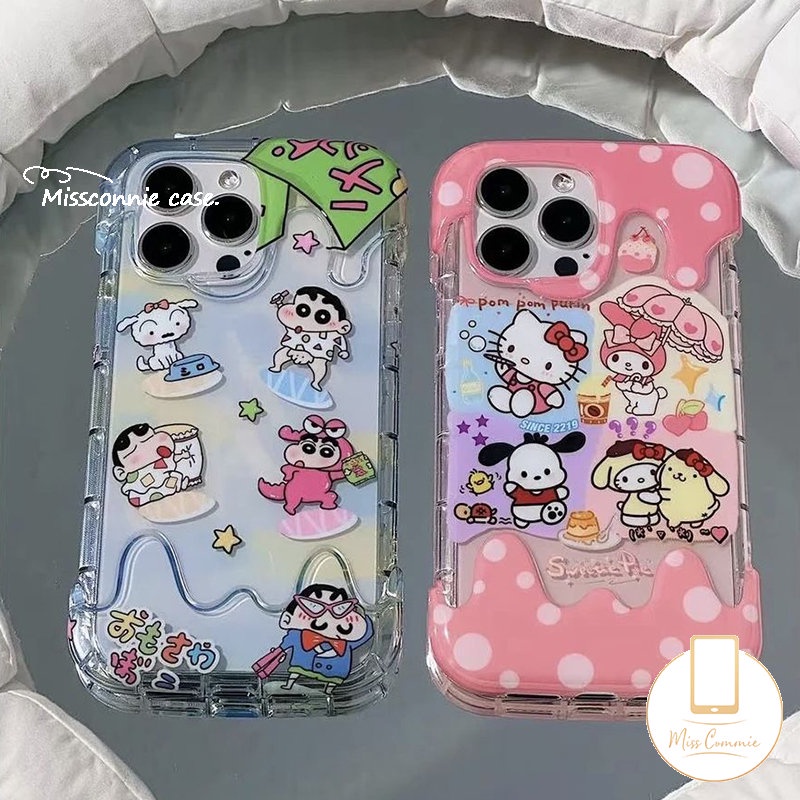 IPHONE Casing Es Krim 3D Hello Kitty Pochacco Kuromi Lucu Kompatibel Untuk Iphone11 12 13 14 Pro Max XR 7Plus X7 8 Plus XS Max SE 2020kartun Crayon Shin-chan Lembut TPU Cover