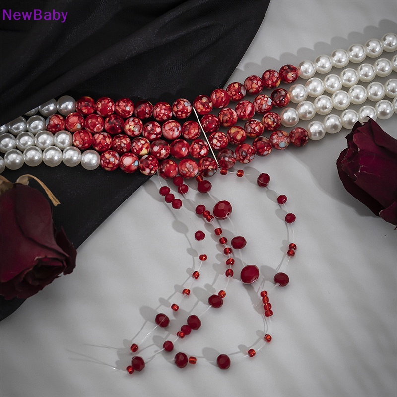 Newbaby Fashion Gothic Halloween Pola Darah Kalung Mutiara Multilayer Pearl Beads Choker Necklace Untuk Wanita Perhiasan Halloween Hadiah Kalung Pesta Perhiasan Hadiah ID