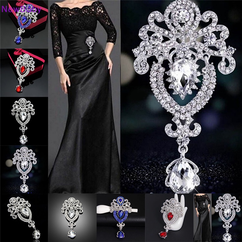 Newbaby Perak Bunga Besar Bros Pengantin Berlian Imitasi Kristal Diamante Pernikahan Bros Pin ID