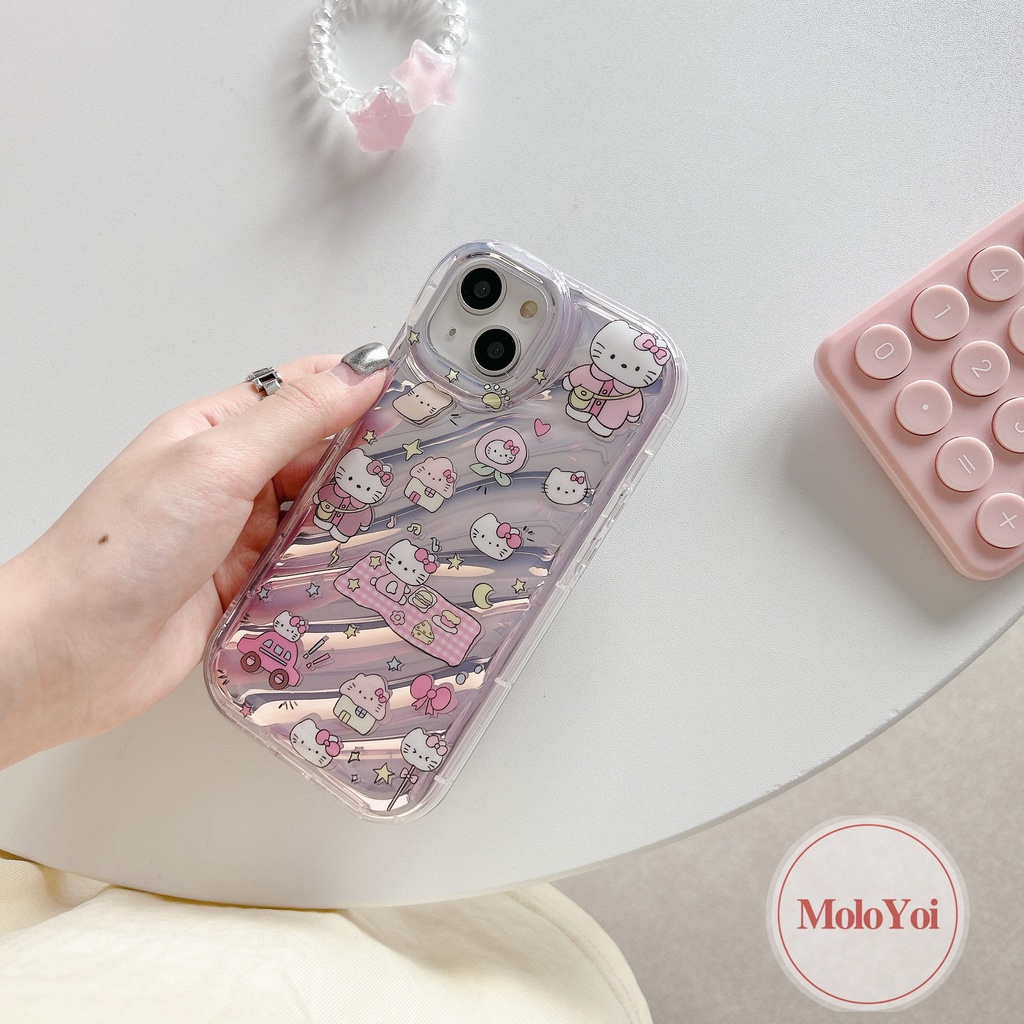 Casing Tombol Ponsel Digital Kartun Hello Kitty Vintage Kompatibel Untuk IPhone XR XS X Max 7Plus 7 6 8 6S Plus 11 13 14 12 Pro Max SE 2020 Kartu Laser Korgasi Stereo 3D Soft Cover