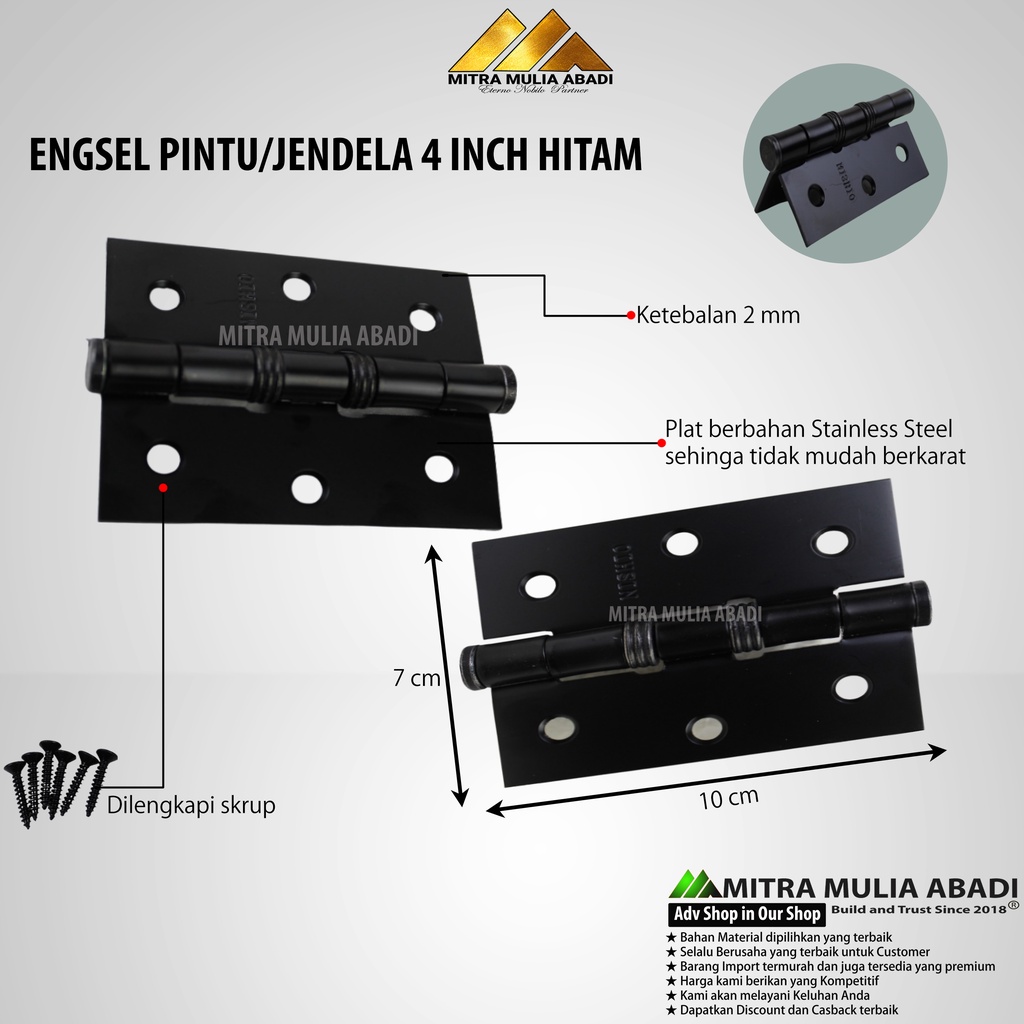 Engsel Pintu Hitam 4 Inch Jendela tebal/besar