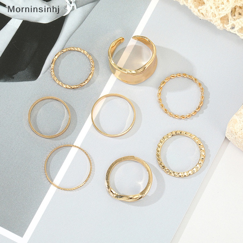 Mornin 8Pcs /Set Punk Metal Geometric Ring Set Untuk Wanita Vintage Minimalis Metal Wide Knuckle Ring Finger Perhiasan Hadiah id