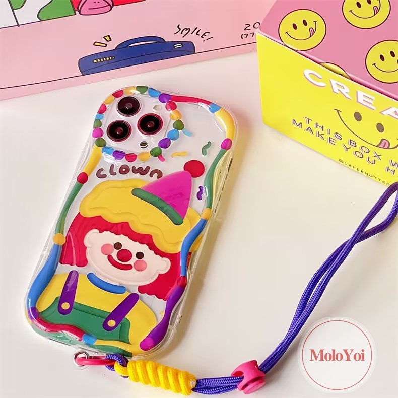 Casing Ponsel Lembut Tepi Melengkung Bergelombang 3D Kompatibel Untuk iPhone XR X XS Max6 7 6s 8plus 11 12 14 13 Pro Max SE 2020 Badut Kartun Lucu Korea Dengan Tali Tangan Gelang Lanyard Case