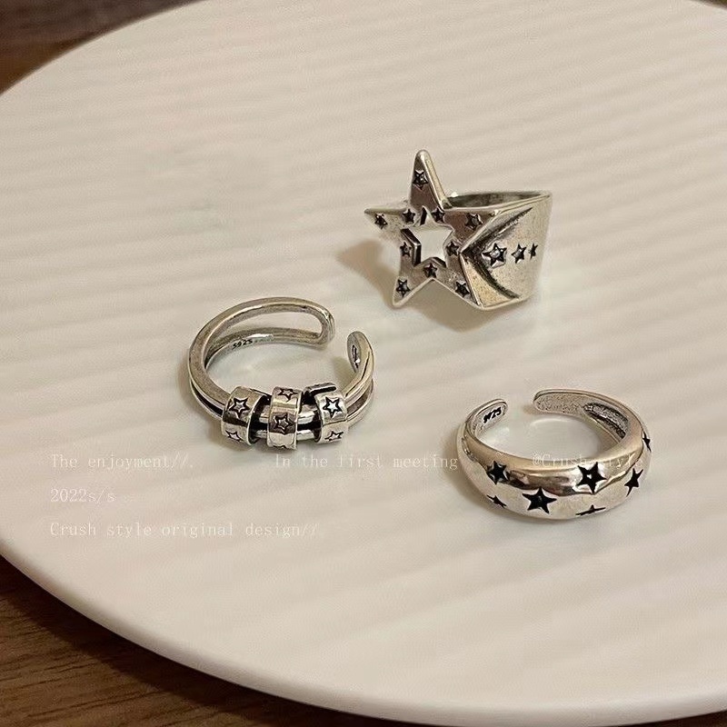 [Fiture] Fashion Sederhana Dapat Disesuaikan Terbuka Rings Rings/Kepribadian Hip Hop Rock Gadis Tidak Teratur Vintage Y2k Aksesoris/Retro Pentagram Bintang Jari Cincin/