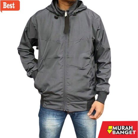 Jaket parasut pria terbaru- [COD] Termurah Jaket Parasut Olahraga Polos Abu Tua [LOGO] Pria/Wanita M