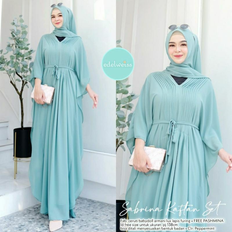 SABRINA KAFTAN SET Pashmina ORI EDELWEISS | Ceruty babydoll armani lux lapis furing