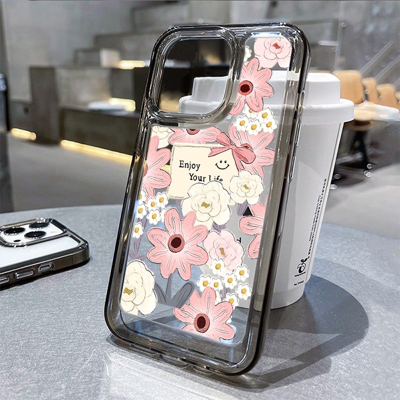 Case Bunga Kartun Warna Pink Untuk IPhone Kompatibel6 7 8 6Plus 7Plus 8Plus 11 14 Pro Max X XS XR 11 12 13 14 Pro Max SE 2020 2022 Plating Electroplated Buttons Shockproof Cover