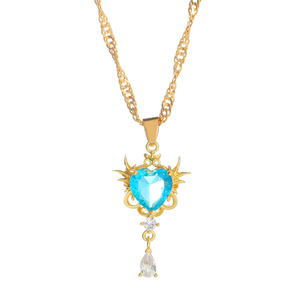 Kalung Hati Kristal Biru Busana Romantis Elegan Mewah Berlapis Emas Drop Pendant Necklace Hadiah Hari Valentine