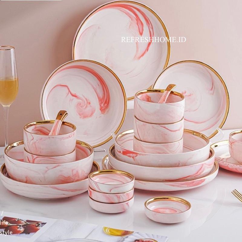 SATUAN Marble Pink Gold Plate piring makan keramik pink emas cantik