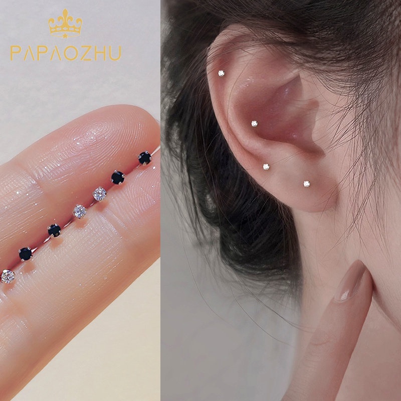 Papaozhu Korea s925 Perak Glittery Hitam Transparan Zirkon Stud Anting Untuk Wanita Pria Hypoallergenic Kecil Kristal Earring Pick Gratis Perhiasan Telinga Fashion