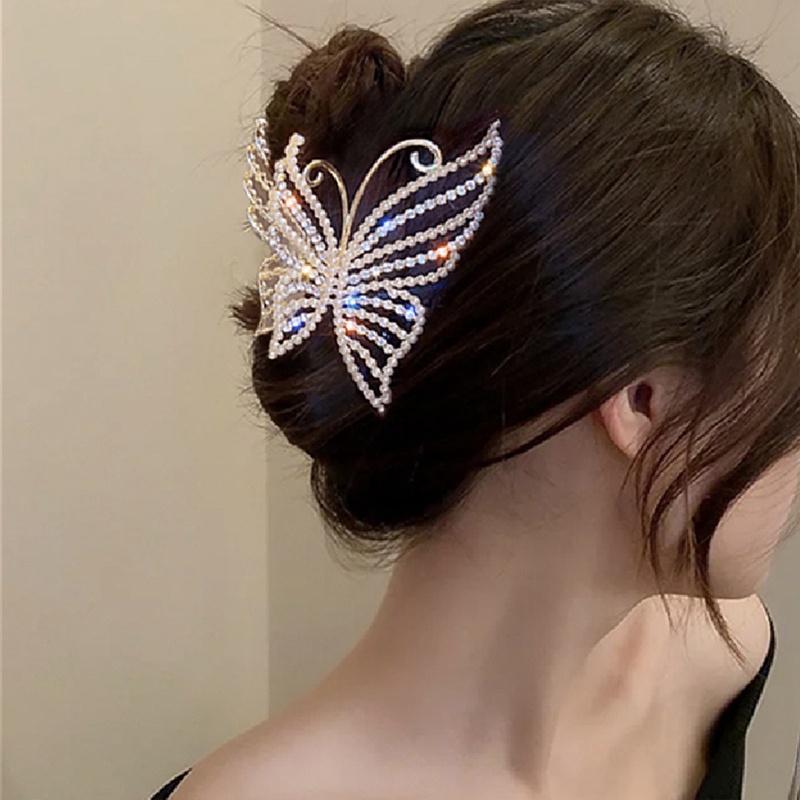 Indah Berlian Imitasi Kupu-Kupu Rambut Cakar Klip Untuk Wanita Elegan Mutiara Rambut Kepiting Barrette Hiasan Kepala Woman Hair Clip