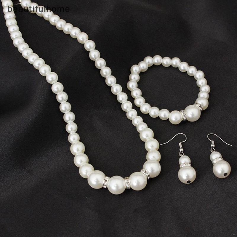 {beautifulhome} Kalung Gelang Anting Mutiara Set Pengantin Wanita Pesta Pernikahan Hadiah Natal.