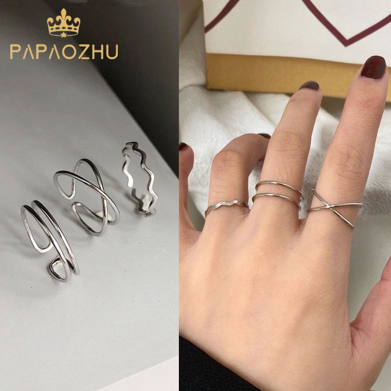 Papaozhu 3 Pcs Minimalis Perak Geometris Susun Cincin Untuk Wanita Perempuan Sederhana Fashion Cross Wave Knuckle Ring Set Jari Perhiasan