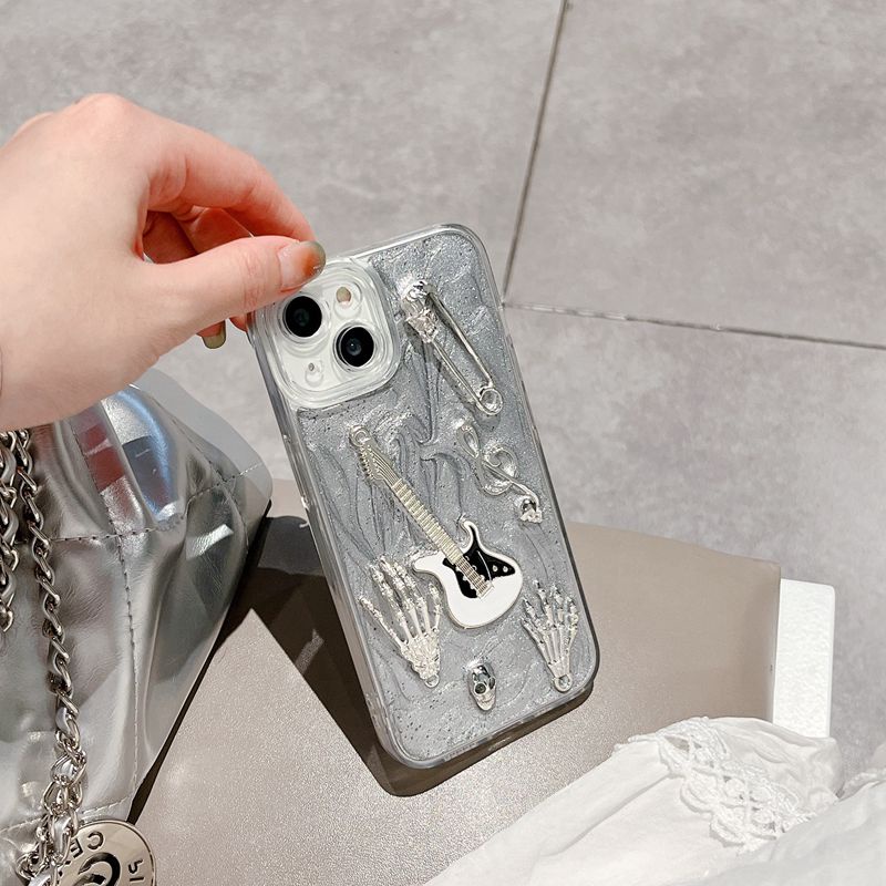 Silver Grey Pigment Metal Guitar Soft TPU Case HP iP iPhone 14 13 12 11 Pro X XS XR Max 7 8 + Plus SE 2020 2022 Drop Glue FTD Casing Apple