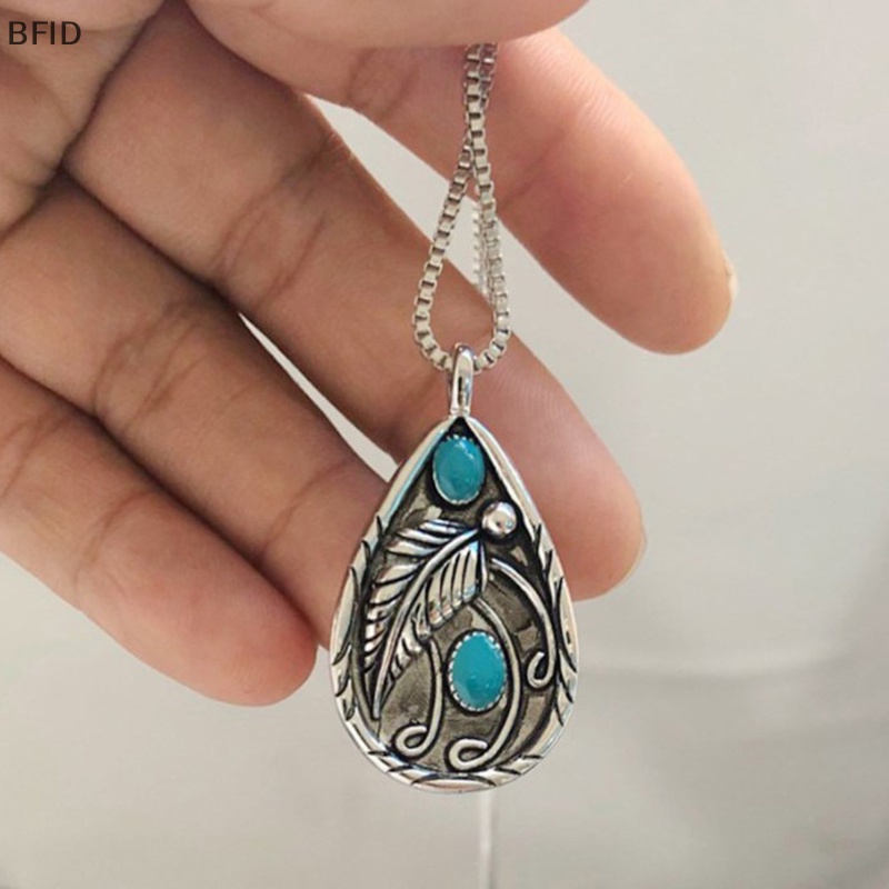 [BFID] Vintage Leaf Green Stone Color Pendant Necklace Bohemia Pernyataan Perhiasan Tetesan Air Liontin Kalung Wanita [ID]