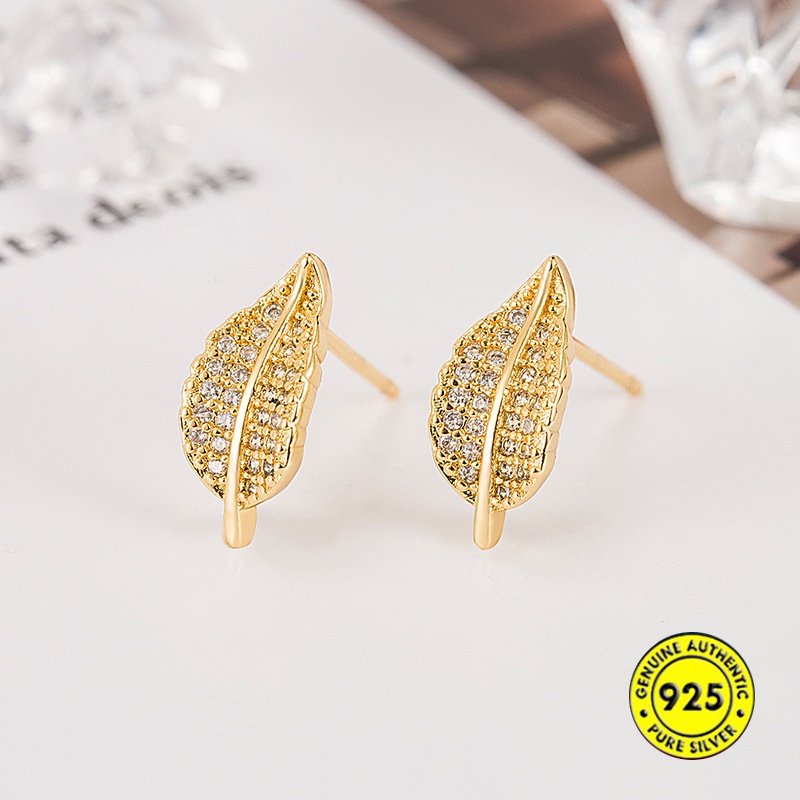 18k Emas Sederhana Daun-Shapepd Stud Earrings Berkilau Penuh Berlian Imitasi Halus Anting Liar U1842