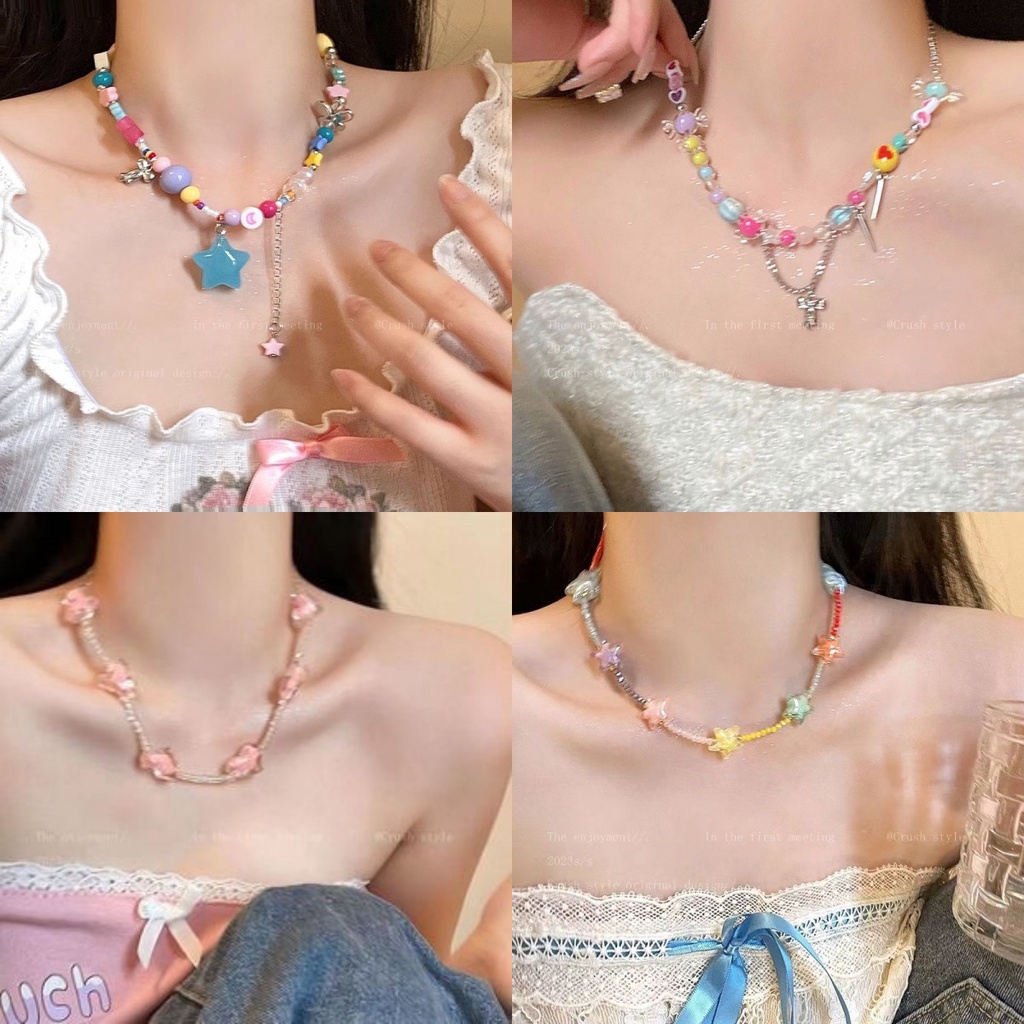 Kalung Gadis Dopamin Musim Panas~ Temperamen Segar Kecil Niche Warna Manik-Manik Rantai Klavikula Kalung All-Match Unik