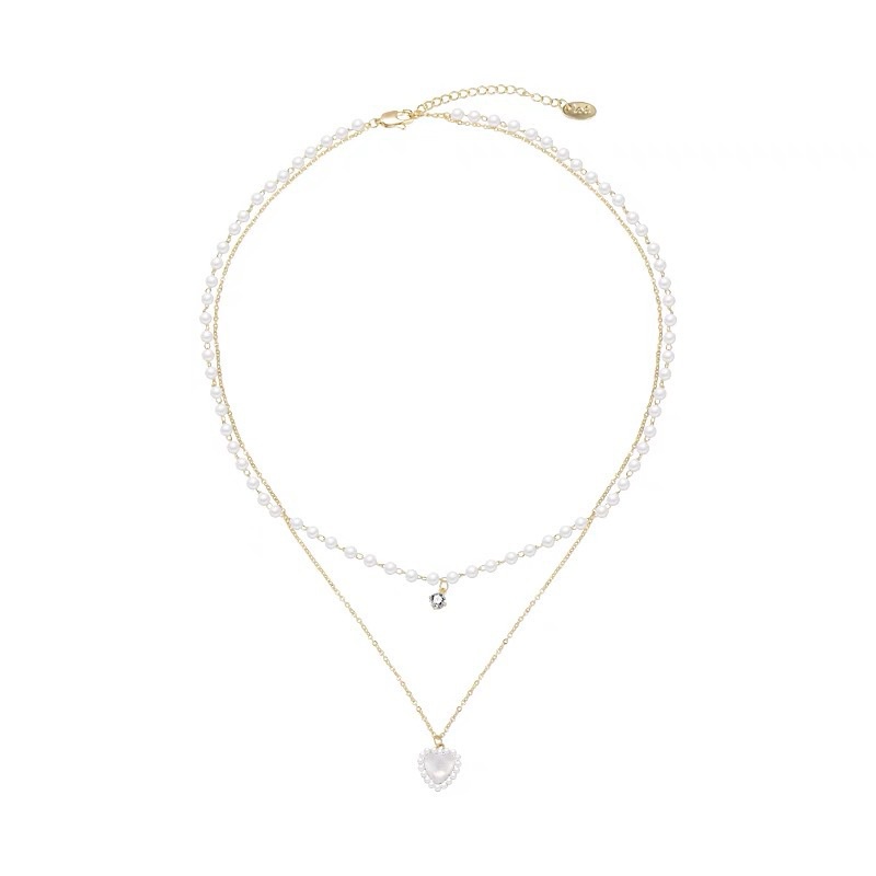Musim Panas Mutiara Double Layer Cinta Kalung Wanita Cahaya Mewah High-End Desain Niche Susun Indah Klavikula Rantai Kalung ins