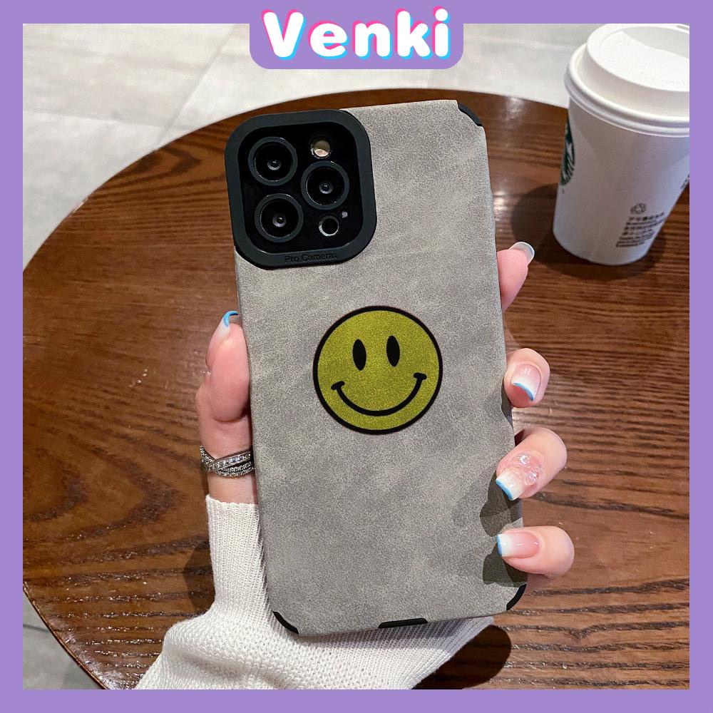 VENKI - Untuk iPhone 11 Case Leather Pupil Suede Case Soft Shockproof Phone Case Camera Simple Yellow Smile Kompatibel dengan iPhone 14 13 Pro max 12 Pro max xr xs 7Plus 8Plus