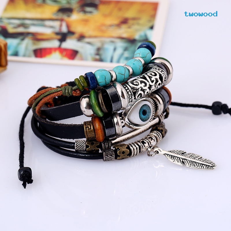 Twowood Multi-layered blue eyes Gelang Kulit Sapi Bulu Angin Etnik 5.5 Rambut Liontin Gelang Mahasiswa