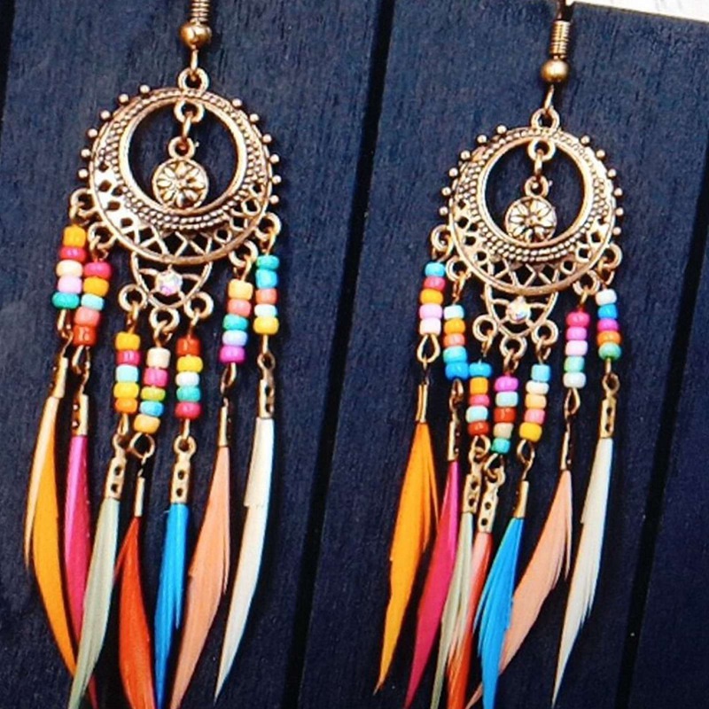 Bohemian Anting Rumbai Untuk Wanita Menjuntai Anting Panjang Bulu Boho Drop Earrings Biji Manik Perhiasan Vintage