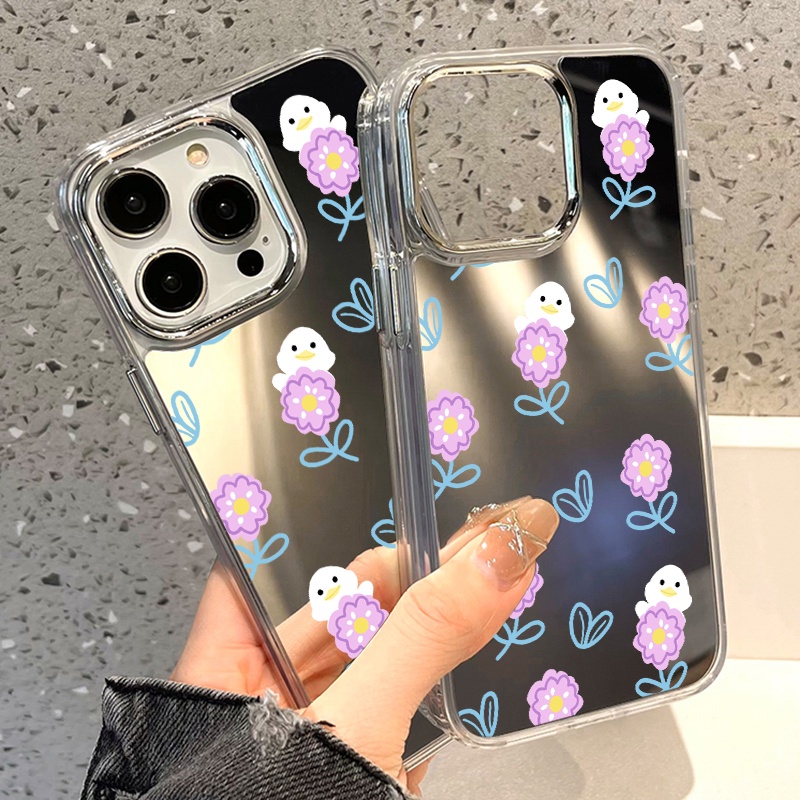 IPHONE Casing Ponsel Cermin Bunga Ungu Kompatibel Untuk Iphone11 12 13 14 12Pro 13Pro 14Pro Pro Max XR X XS Max Electroplating Tombol Perlindungan Mirror Cover