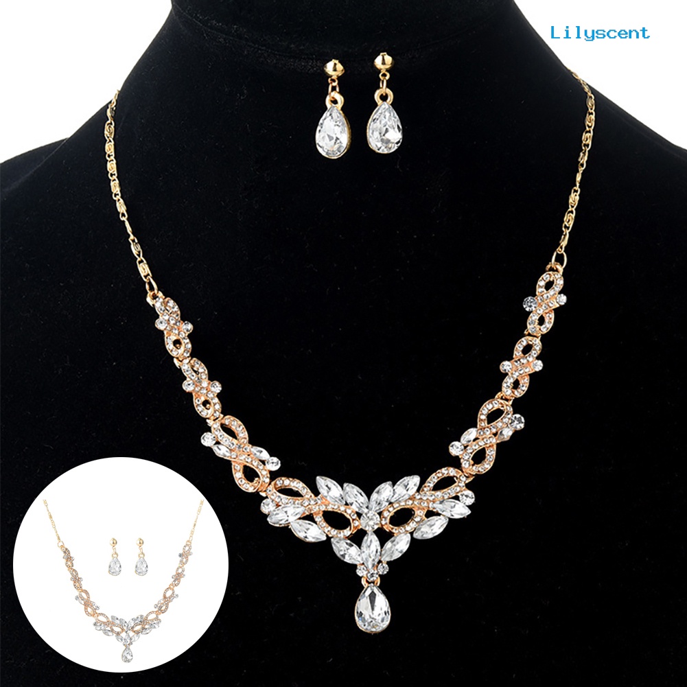 [LS]Fashion Set Perhiasan Wanita Berlian Imitasi Drop Hollow8 Liontin Anting Kalung