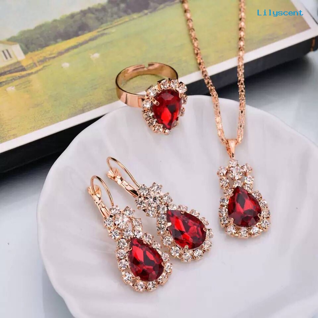 [LS]3Pcs/Set Klip Telinga Warna Cerah Paduan Kalung Anting Cincin Set Tetesan Air Berlian Imitasi Liontin Kalung Anting Cincin Perhiasan Aksesori