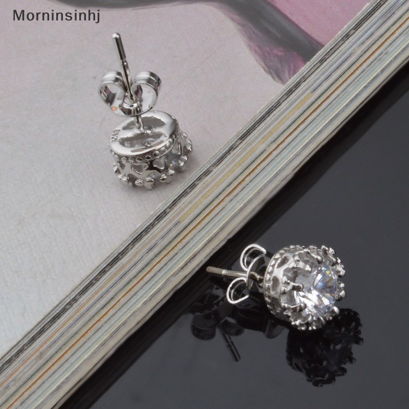 Mornin Wanita Sliver Disepuh Fashion Perhiasan 8MM Bulat Cubic Zirconia Perak Stud Earring id