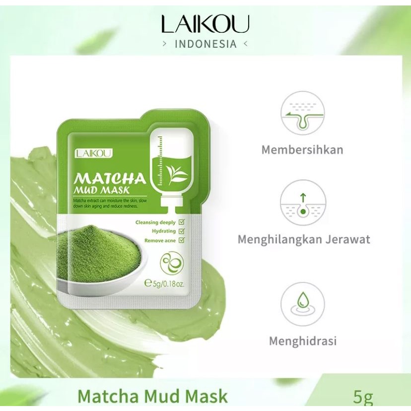 LAIKOU Mud Mask Matcha Membersihkan Mengontrol Minyak Mengurangi Jerawat Komedo 1pc