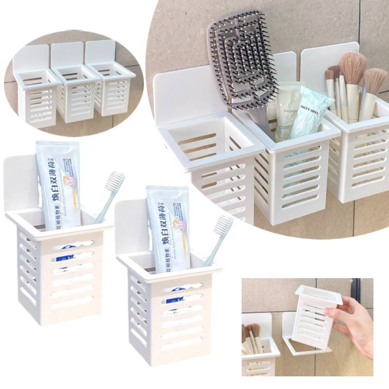 ღ Wall Mounted Hollow Drain Rack Self-adhesive Toothpaste Tempat Sikat Gigi Kamar Mandi Punch Free Floating Shelves Drain Rack Tool