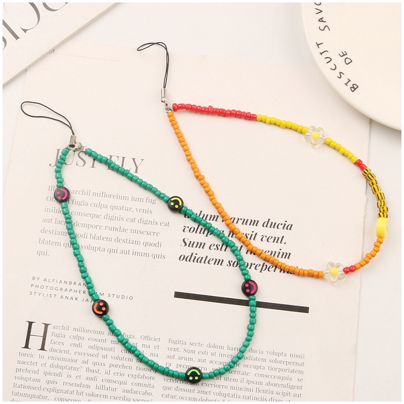 Emoji Wajah Senyum Bulat Datar Warna Solid Manik-Manik Beras Rantai Buatan Tangan Ponsel Case Cover DIY Tali Anti-Hilang Untuk iPhone Untuk Samsung Untuk OPPO Untuk VIVO Untuk Huawei Untuk Redmi Untuk Xiaomi