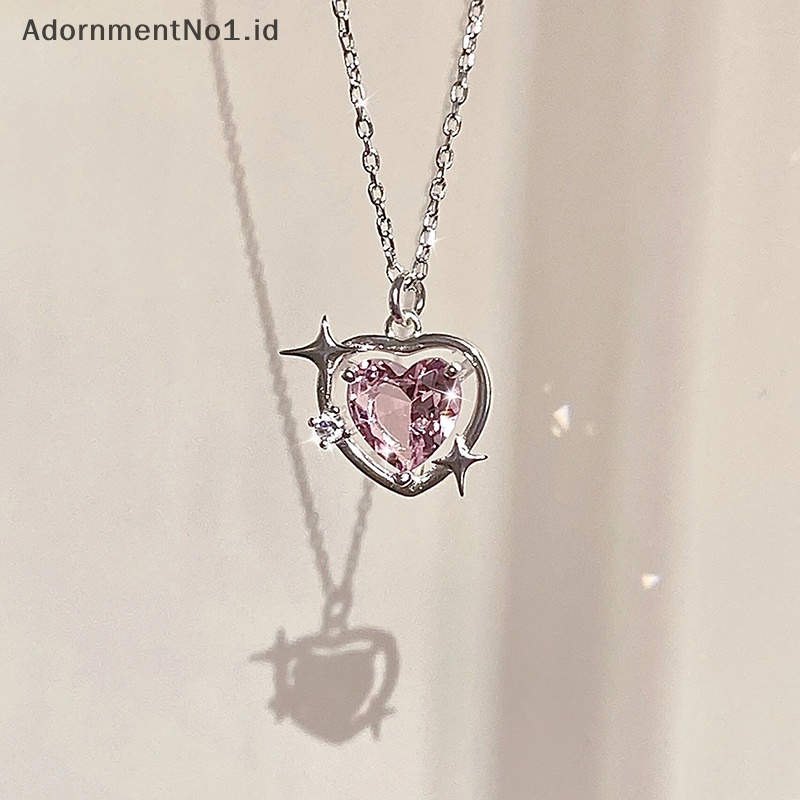 [AdornmentNo1] Gaya korea Fashion Vintage Hollow Pink kristal liontin hati warna Silver kalung rantai leher untuk wanita perhiasan pernikahan