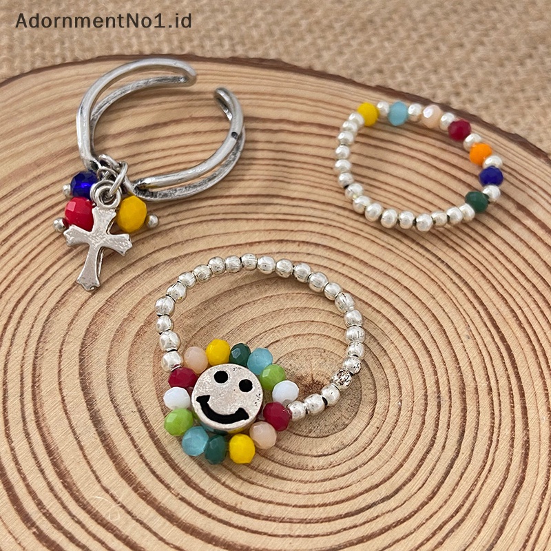 [AdornmentNo1] Manik warna warni Smiley manik elastis Diy cincin gadis Ins desain Niche jari cincin pasang perhiasan wanita cincin lucu