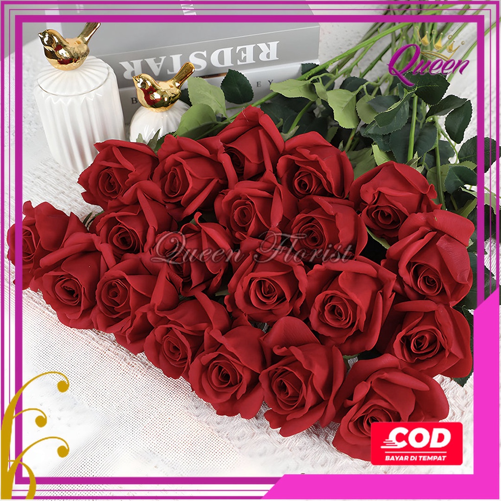 Rose Single Kain - 1 Tangkai Panjang 50 CM Bunga Mawar Satuan Kain Artificial untuk Hiasan Buket Kamar Cafe Rumah Ruang Tamu dan Dekorasi Wedding Pernikahan Pelaminan Murah Import Berkualitas Artifisial