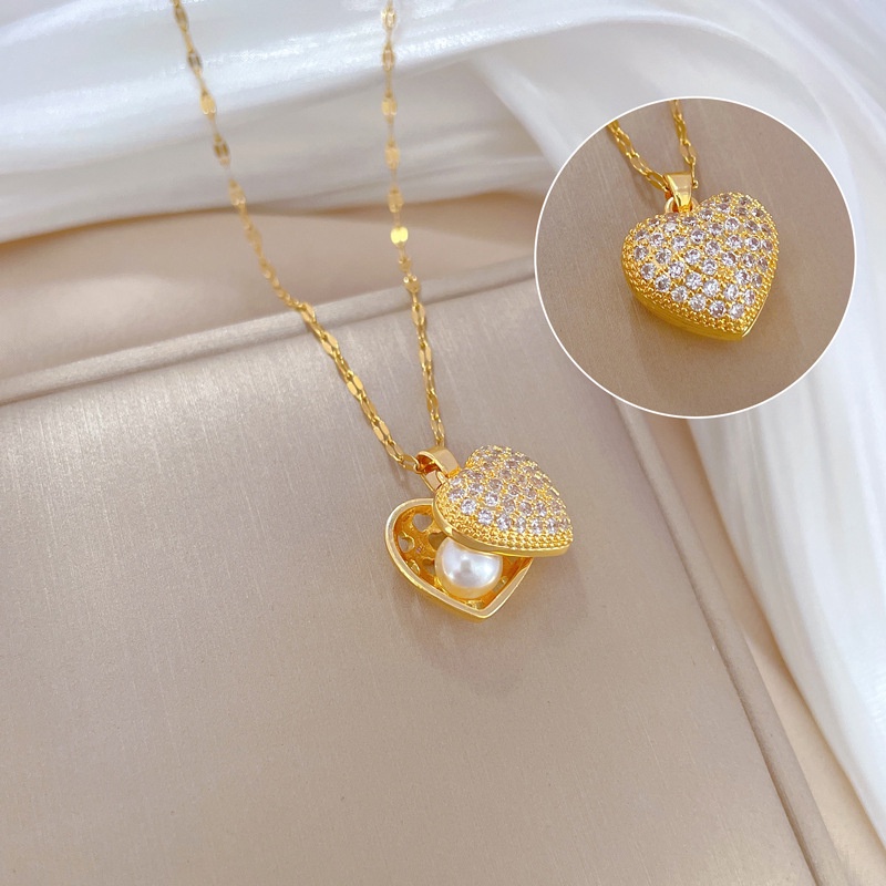 Liontin Cangkang Mutiara Hati Persik Mewah Zirkon Mode Wanita Cantik Kalung Emas 18K Hadiah Pacar XL-23042