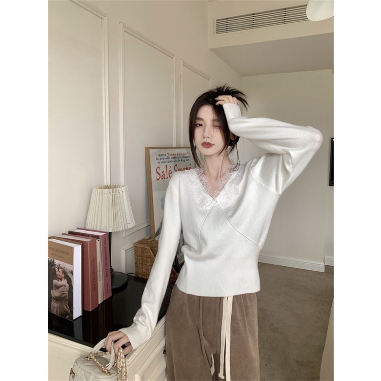 Sweater Rajut Wanita V Lengan Panjang Vintage Casual Top