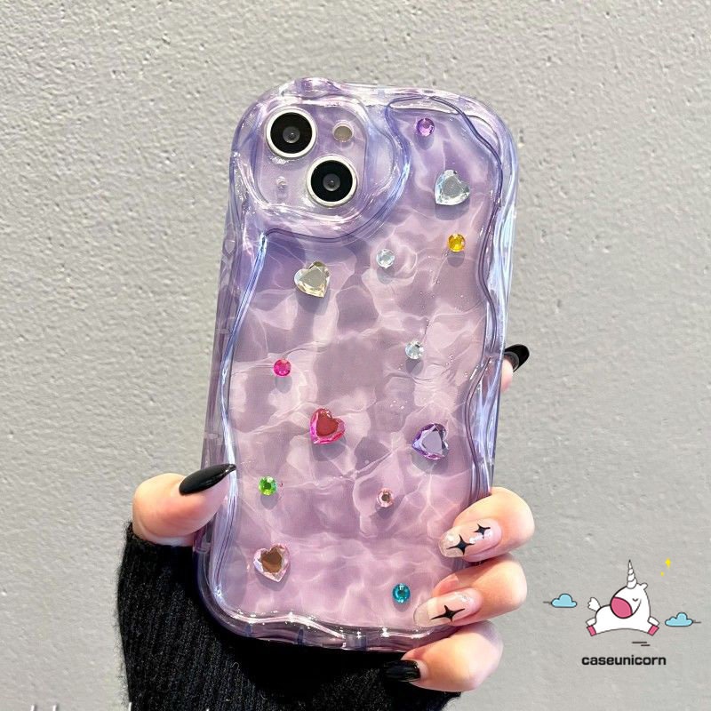 IPHONE Casing Tepi Melengkung Bergelombang Gradasi Ungu Pink 3D Sederhana Kompatibel Untuk Iphone11 13 7Plus XR 14 12 Pro Max X8 6 7 6s Plus XS Max SE 2020art Casing Riak Air Dengan Stiker Berlian