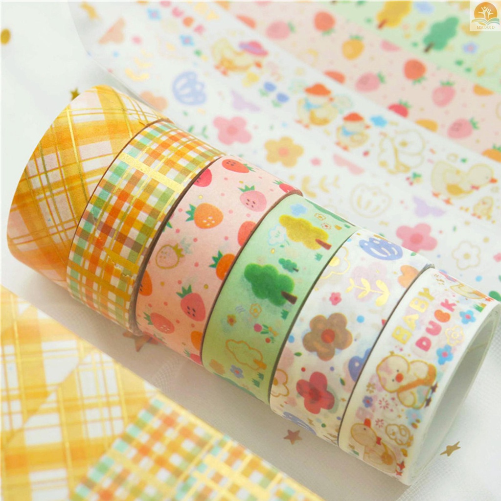 In Stock 6roll Lucu Kartun Foil Emas Washi Tape Set Gaya Rustic Washi Masking Tapes Tape Perekat Dekoratif Label Stiker Lebar 15mm Untuk DIY Seni &amp; Kerajinan Scrapbooking Jurnal