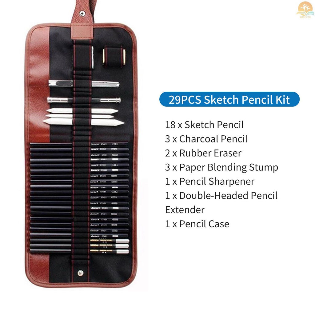 In Stock 29PCS Set Pensil Menggambar Sketsa Arang Pensil Seni Profesional Perlengkapan Seni Dengan Tas Kantong Penyimpanan Potrait Alat Gambar Hadiah Besar Untuk Pelajar Dewasa Pemula Dan