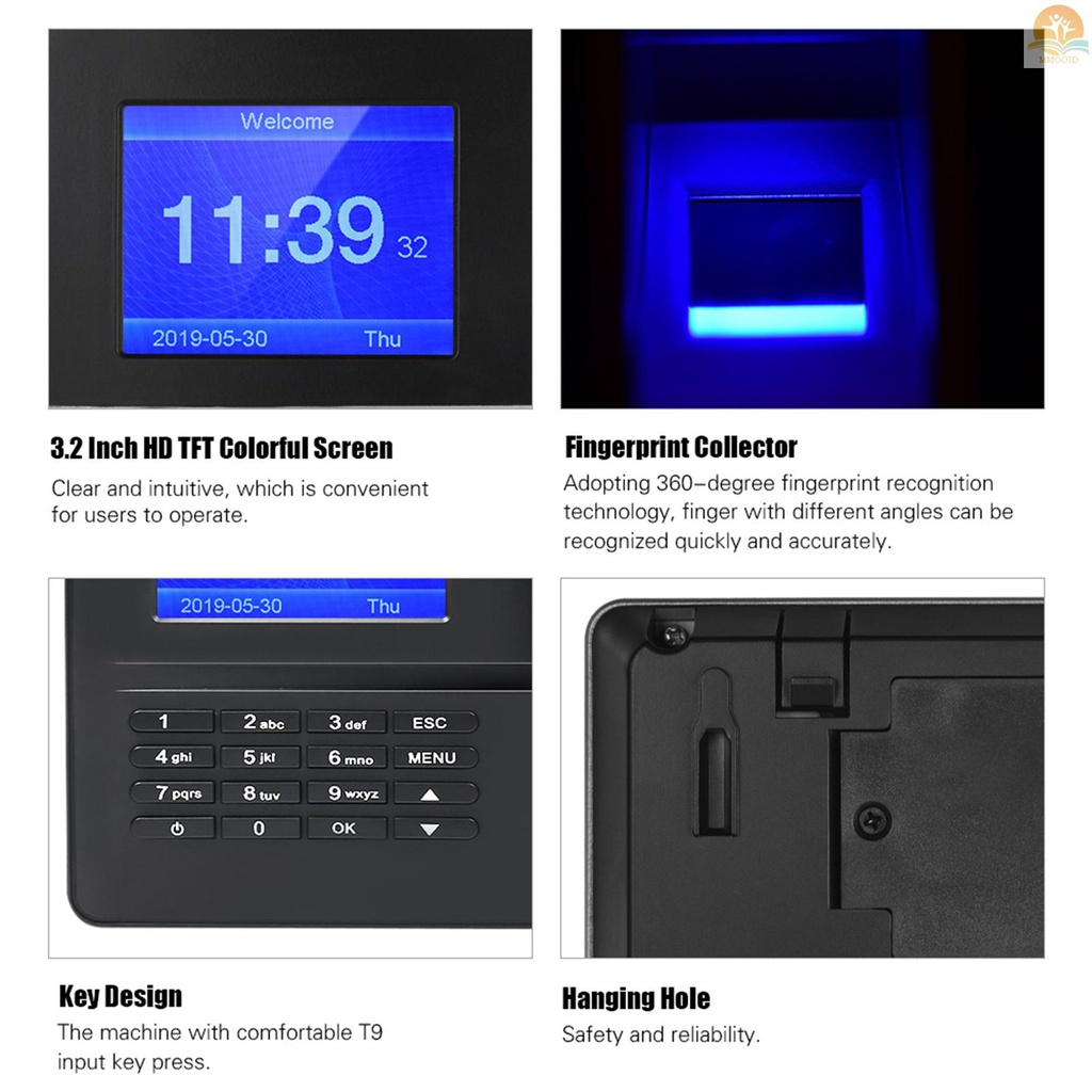 In Stock Mesin Absensi Sidik Jari Biometrik Cerdas Dengan Layar TFT Display 3.2 Inci Jam Waktu Fingerprint Password Karyawan Check-in Recorder Reader Support USB
