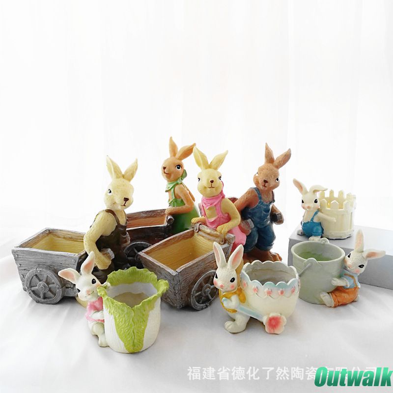 ღ Cute Fun Rabbit Shape Flowerpot Creative Bunny Resin Pot Bunga Pot Wadah Penyimpanan Desktop Dekorasi Desktop Kreatif