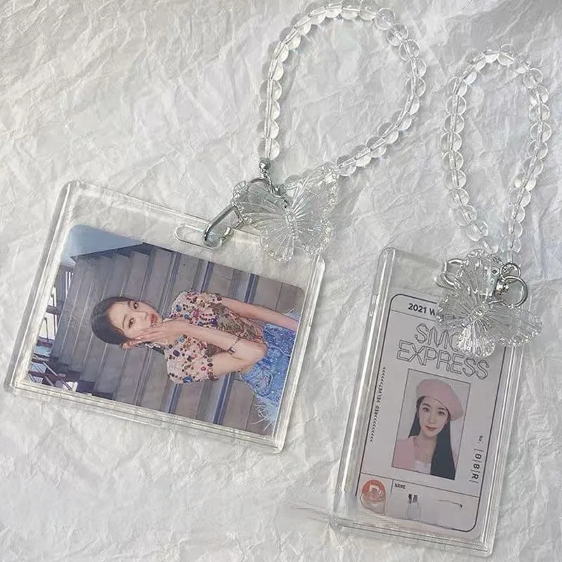 Transparan Penutup Kartu Bus Perlindungan Kristal Kupu-Kupu Manik Rantai Portabel Foto Lengan Ins Gaya Split Keyring Student Card Case Idol Photocard Card Holder DIY Insert Photoes