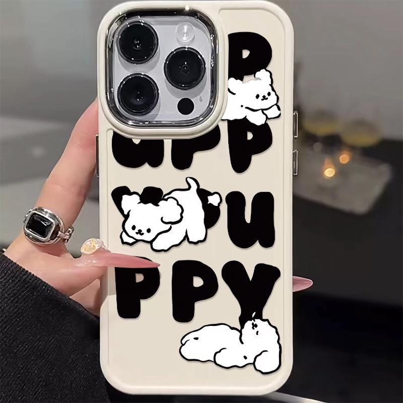 IPHONE Tombol Logam Casing Ponsel Silikon Kompatibel Untuk Iphone14 13 12 11 Pro Max XS X XR 8 +7Plus Casing Lembut Puppy Lucu Shockproof Cover Cell Precticer