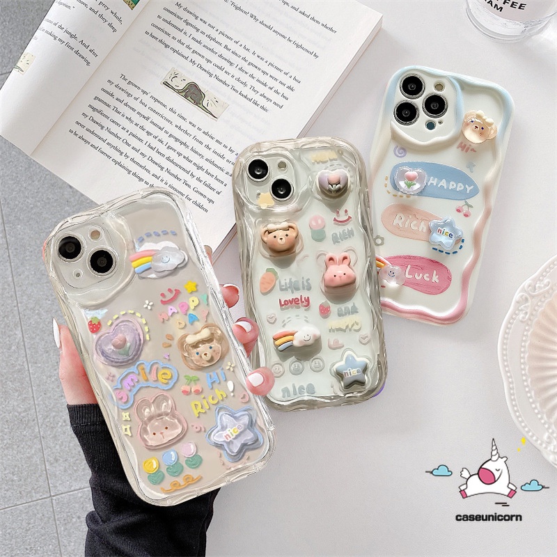 Untuk Infinix Hot12 11 8 10 30 20 9 Bermain Hot 30i 9 8 10Lite Smart 6Plus 6 7 5 Note 12 4G 12 G96 Kartun Doodle 3D Boneka Lucu Bergelombang Tepi Melengkung Pelangi Cinta Hati Beruang Kelinci Lembut Sarung