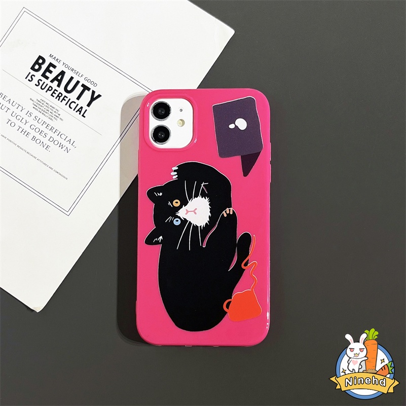 IPHONE Casing Ponsel Lembut Glossy Kucing Lucu Kompatibel Untuk Iphone14 13 12 11 Pro Max X Xr Xs Max 87 6 6s Plus Se2020Lensa Lubang Besar Shockproof Matte Bumper Anti-drop Soft TPU Back Cover