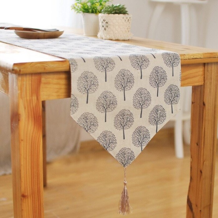 Promo - Table Runner 160*32 Canvas Linen / Taplak Meja Tamu Panjang Vintage - Tree On Brown - Sedia 