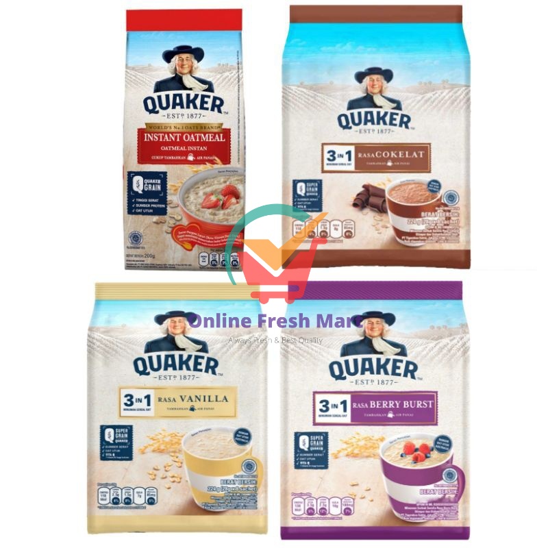 

QUAKER Instant Oatmeal merah original 3in1 minuman sereal vanila cokelat berry - Online Fresh Mart Denpasar
