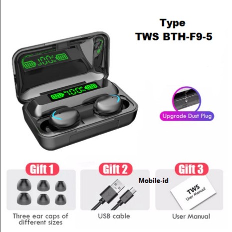Headset Bluetooth LED 2200mAh PowerBank TWS F-9 V5.1 Wireless Earphone - BTH-F9-5 -Hitam